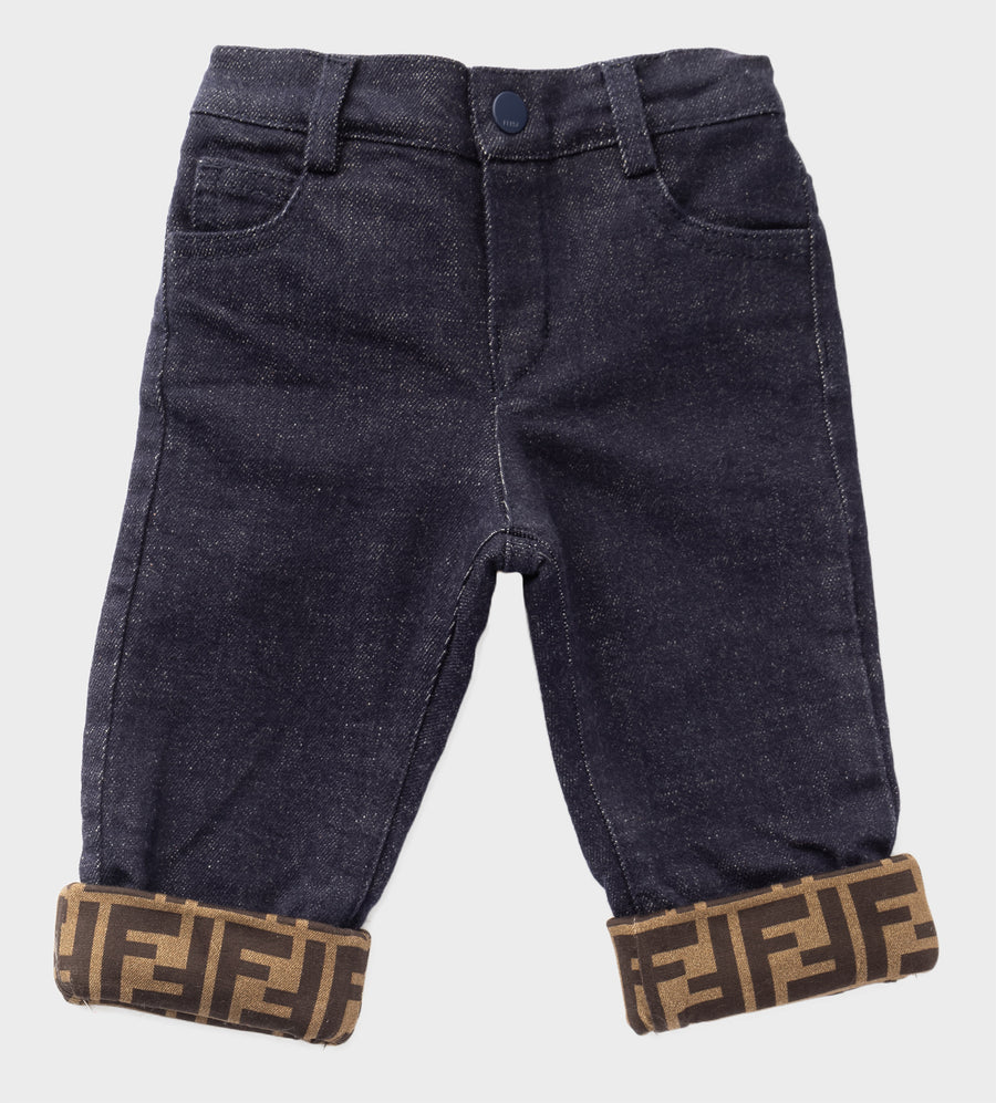 Denim Baby Trousers with FF Logo Edges Blue