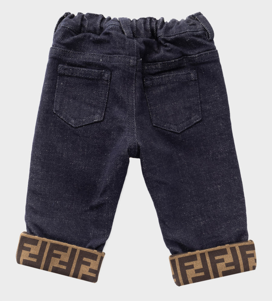 Denim Baby Trousers with FF Logo Edges Blue